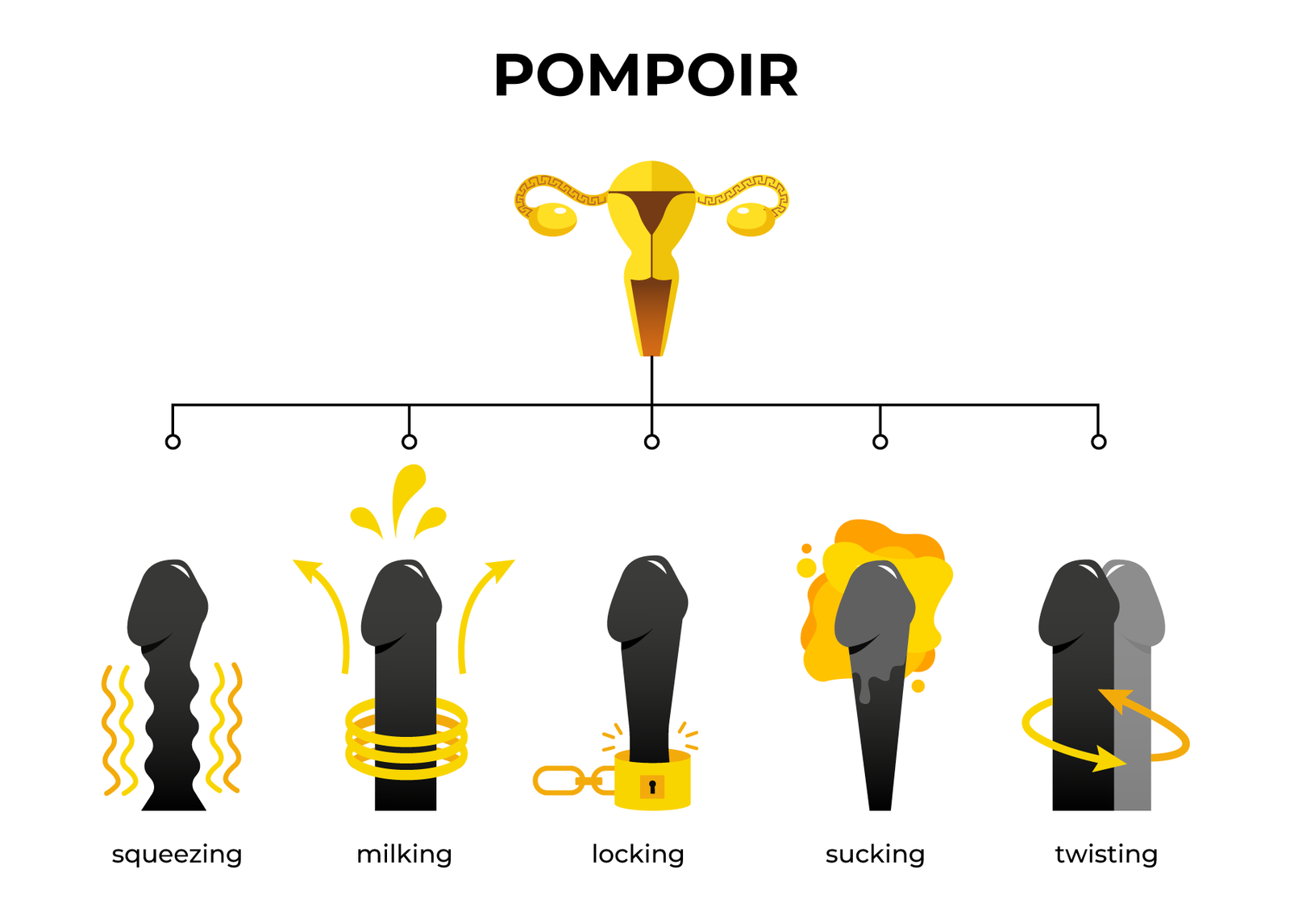 Image showing the different techniques of Pompoir including squeezing, milking, locking, sucking and twisting